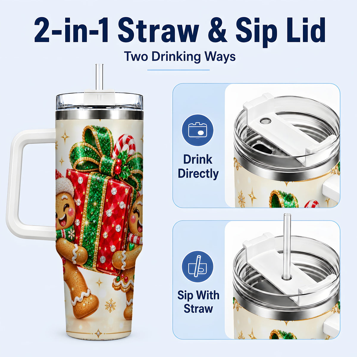 #pl[40oz|White] Gingerbread Present 40oz Tumbler with Handle, Holiday Stainless Steel Cup
