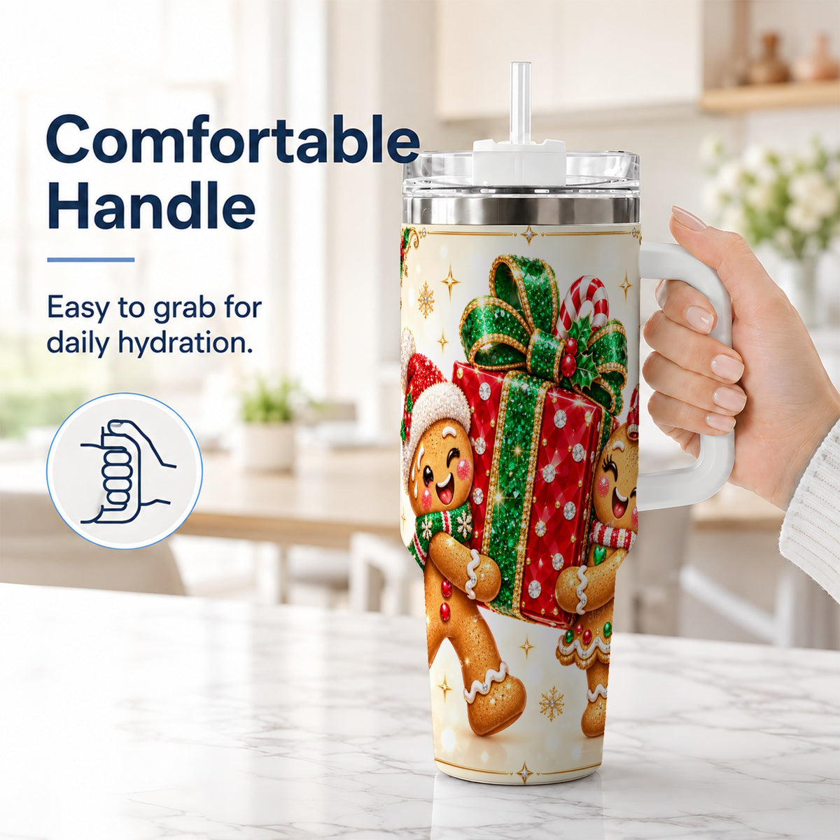 #pl[40oz|White] Gingerbread Present 40oz Tumbler with Handle, Holiday Stainless Steel Cup