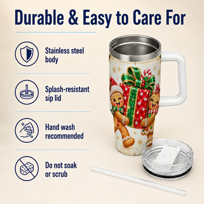 Gingerbread Present 40oz Tumbler with Handle, Holiday Stainless Steel Cup
