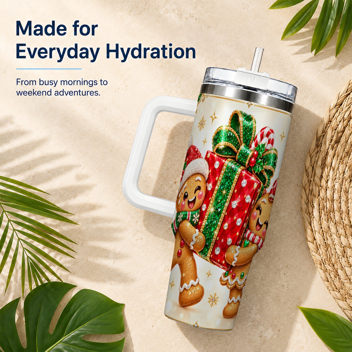 Gingerbread Present 40oz Tumbler with Handle, Holiday Stainless Steel Cup