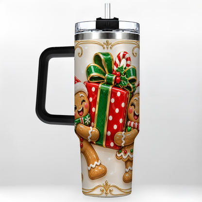 #pl[40oz|Black] Gingerbread Present 40oz Tumbler with Handle, Christmas Stainless Steel Cup