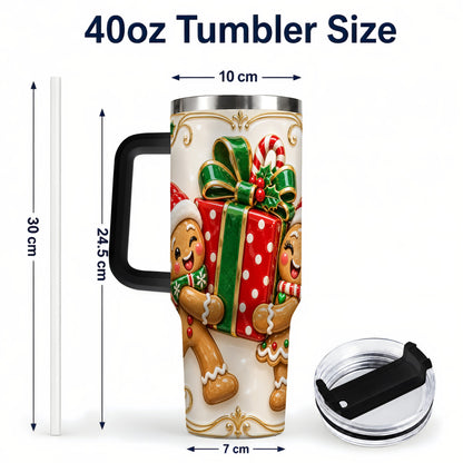 #pl[40oz|Black] Gingerbread Present 40oz Tumbler with Handle, Christmas Stainless Steel Cup