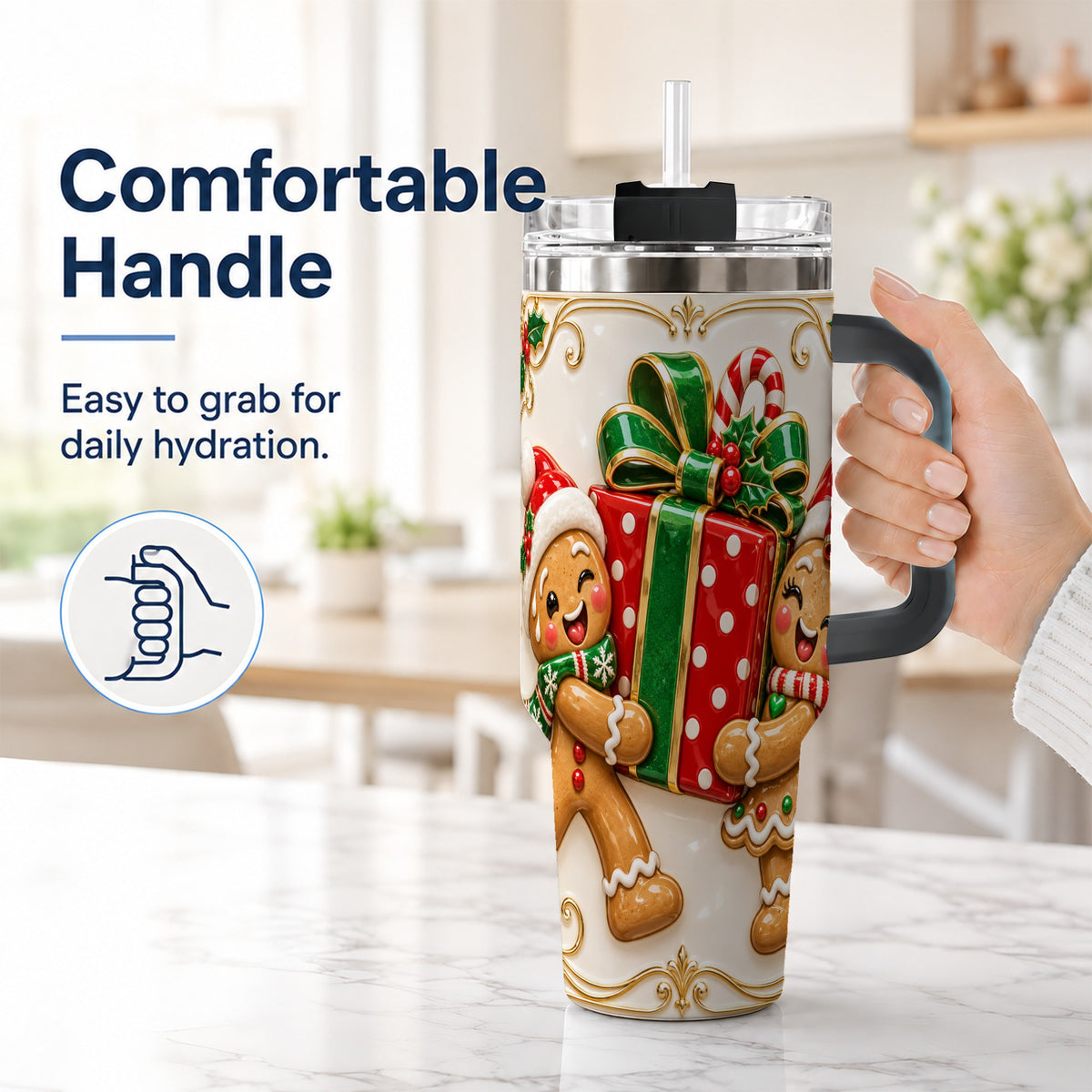 #pl[40oz|Black] Gingerbread Present 40oz Tumbler with Handle, Christmas Stainless Steel Cup