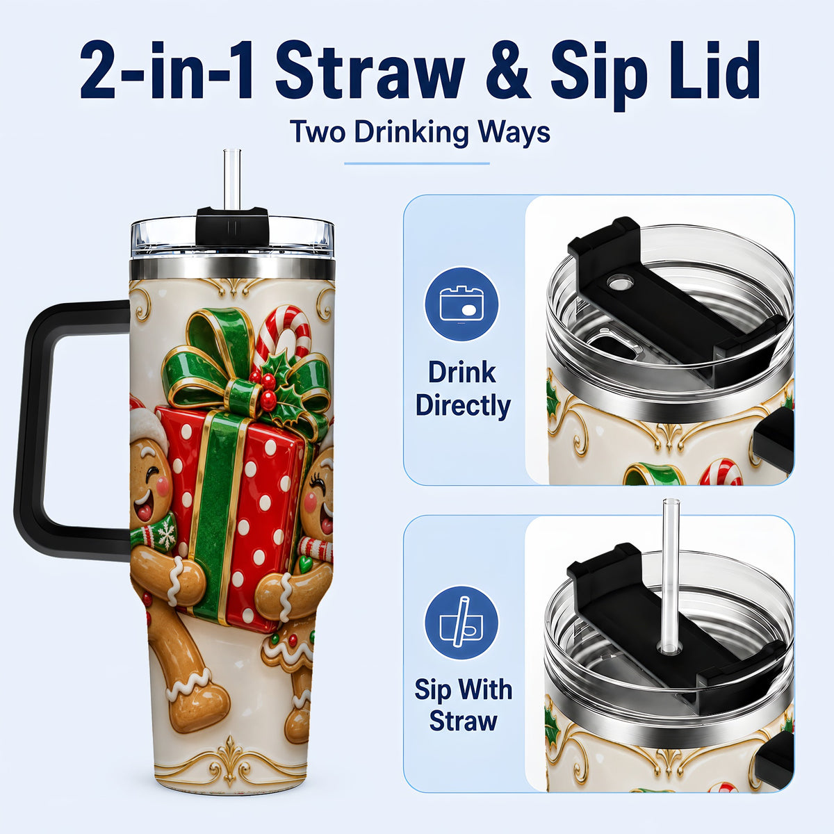 #pl[40oz|Black] Gingerbread Present 40oz Tumbler with Handle, Christmas Stainless Steel Cup