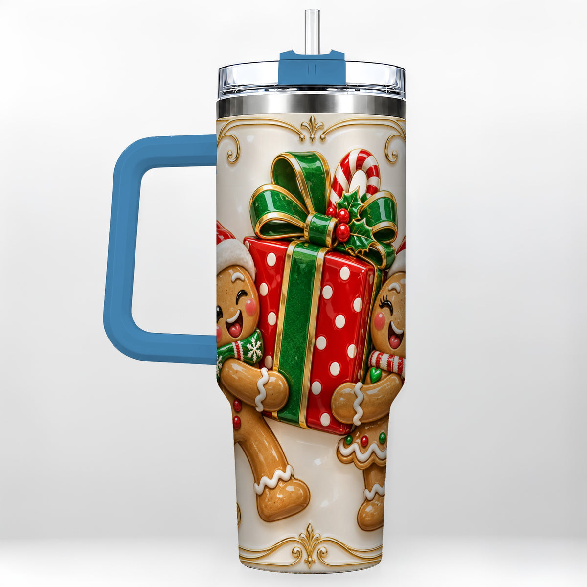 #pl[40oz|Blue] Gingerbread Present 40oz Tumbler with Handle, Christmas Stainless Steel Cup