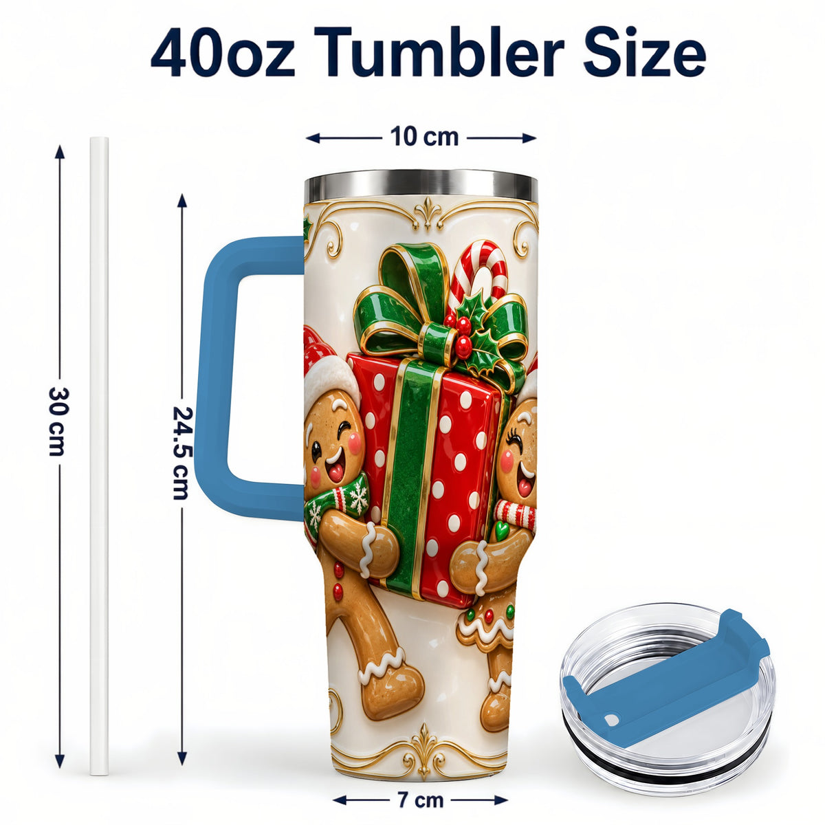 #pl[40oz|Blue] Gingerbread Present 40oz Tumbler with Handle, Christmas Stainless Steel Cup