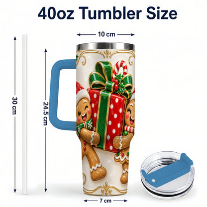 #pl[40oz|Blue] Gingerbread Present 40oz Tumbler with Handle, Christmas Stainless Steel Cup