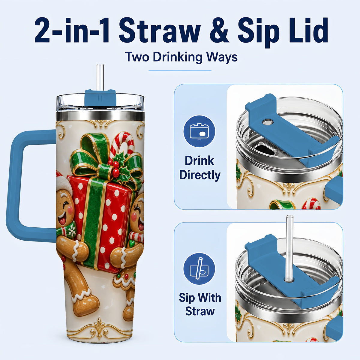 #pl[40oz|Blue] Gingerbread Present 40oz Tumbler with Handle, Christmas Stainless Steel Cup