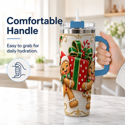 #pl[40oz|Blue] Gingerbread Present 40oz Tumbler with Handle, Christmas Stainless Steel Cup