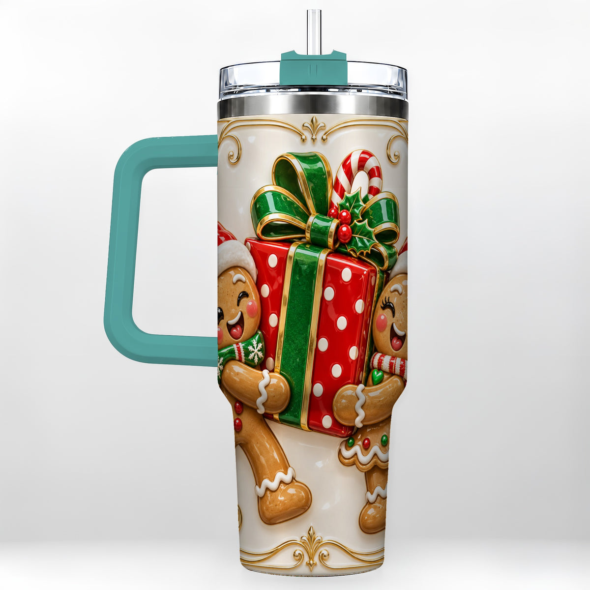 #pl[40oz|Green] Gingerbread Present 40oz Tumbler with Handle, Christmas Stainless Steel Cup