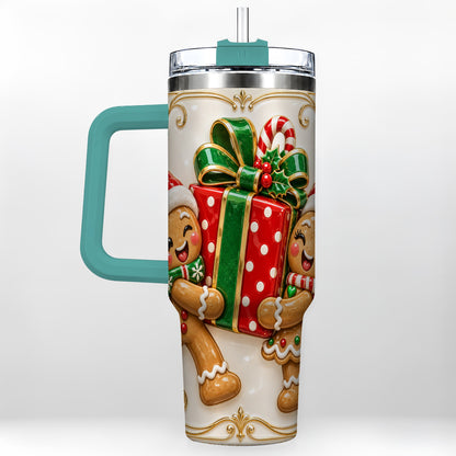 #pl[40oz|Green] Gingerbread Present 40oz Tumbler with Handle, Christmas Stainless Steel Cup