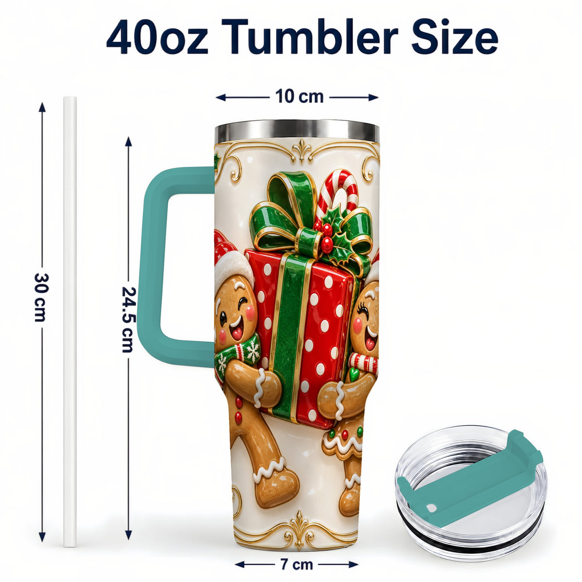 #pl[40oz|Green] Gingerbread Present 40oz Tumbler with Handle, Christmas Stainless Steel Cup