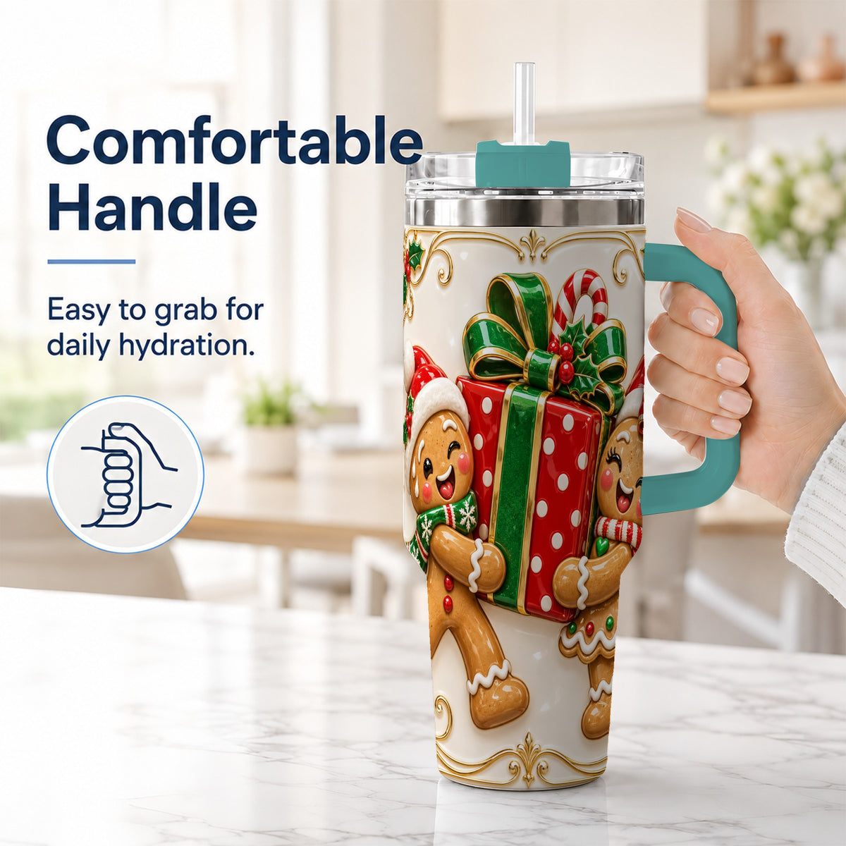 #pl[40oz|Green] Gingerbread Present 40oz Tumbler with Handle, Christmas Stainless Steel Cup