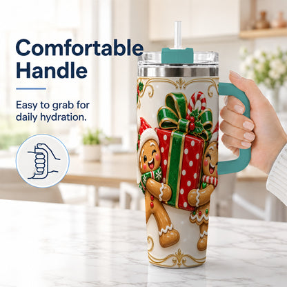 #pl[40oz|Green] Gingerbread Present 40oz Tumbler with Handle, Christmas Stainless Steel Cup