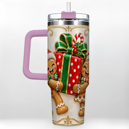#pl[40oz|Pink] Gingerbread Present 40oz Tumbler with Handle, Christmas Stainless Steel Cup