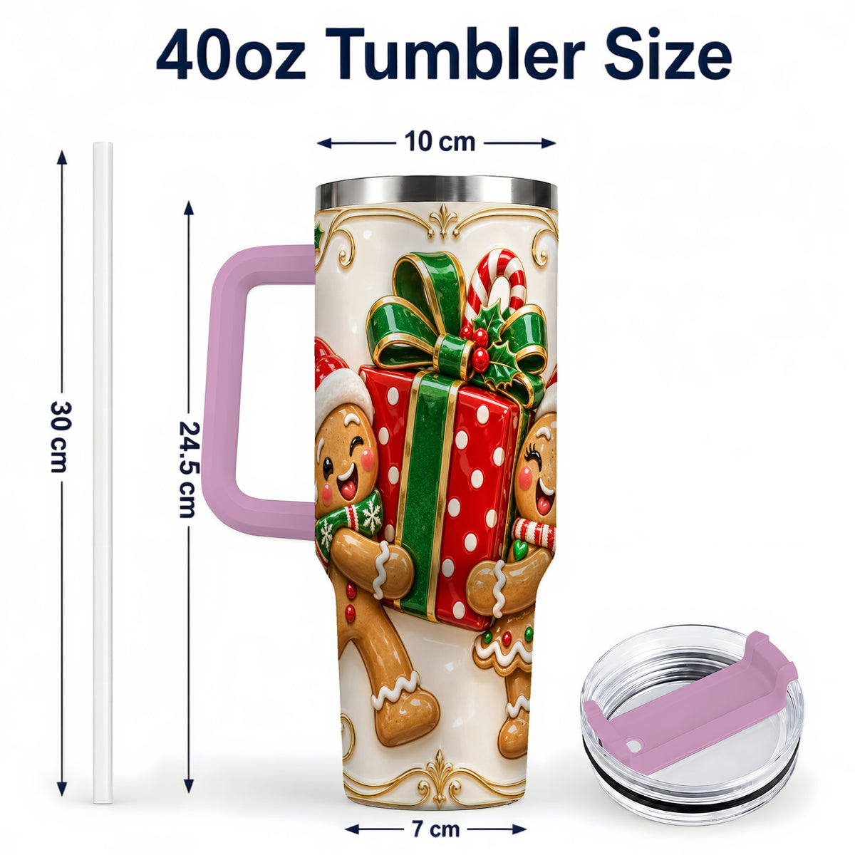 #pl[40oz|Pink] Gingerbread Present 40oz Tumbler with Handle, Christmas Stainless Steel Cup