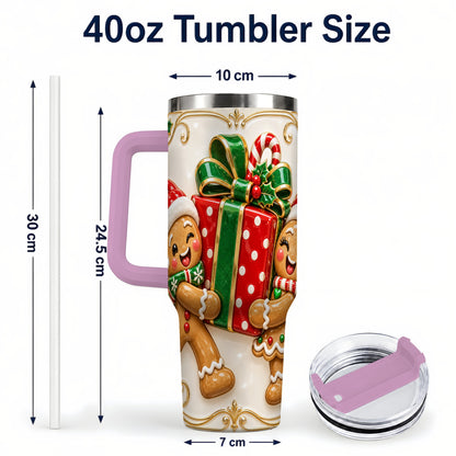 #pl[40oz|Pink] Gingerbread Present 40oz Tumbler with Handle, Christmas Stainless Steel Cup
