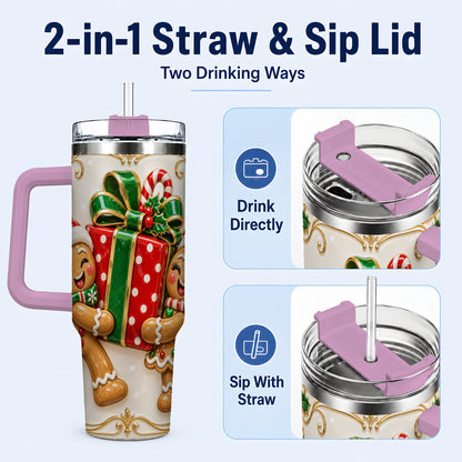 #pl[40oz|Pink] Gingerbread Present 40oz Tumbler with Handle, Christmas Stainless Steel Cup