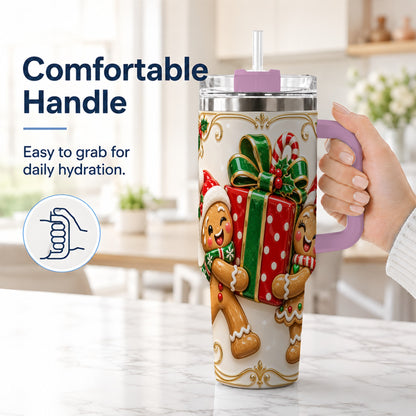 #pl[40oz|Pink] Gingerbread Present 40oz Tumbler with Handle, Christmas Stainless Steel Cup
