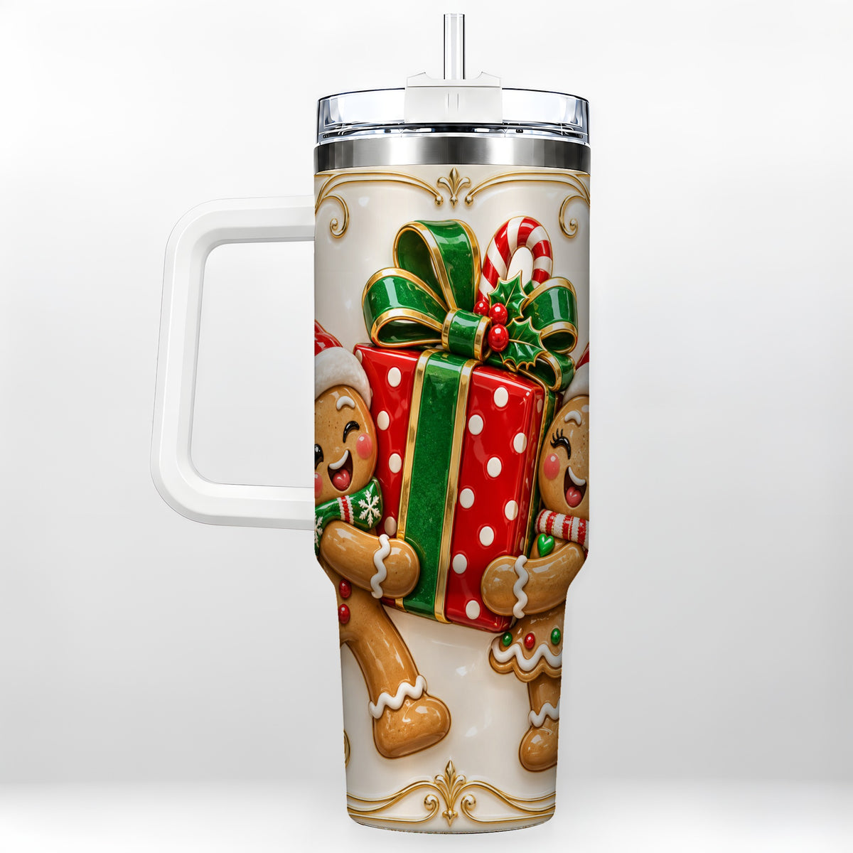 Gingerbread Present 40oz Tumbler with Handle, Christmas Stainless Steel Cup