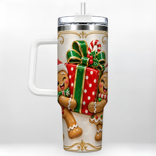 Gingerbread Present 40oz Tumbler with Handle, Christmas Stainless Steel Cup