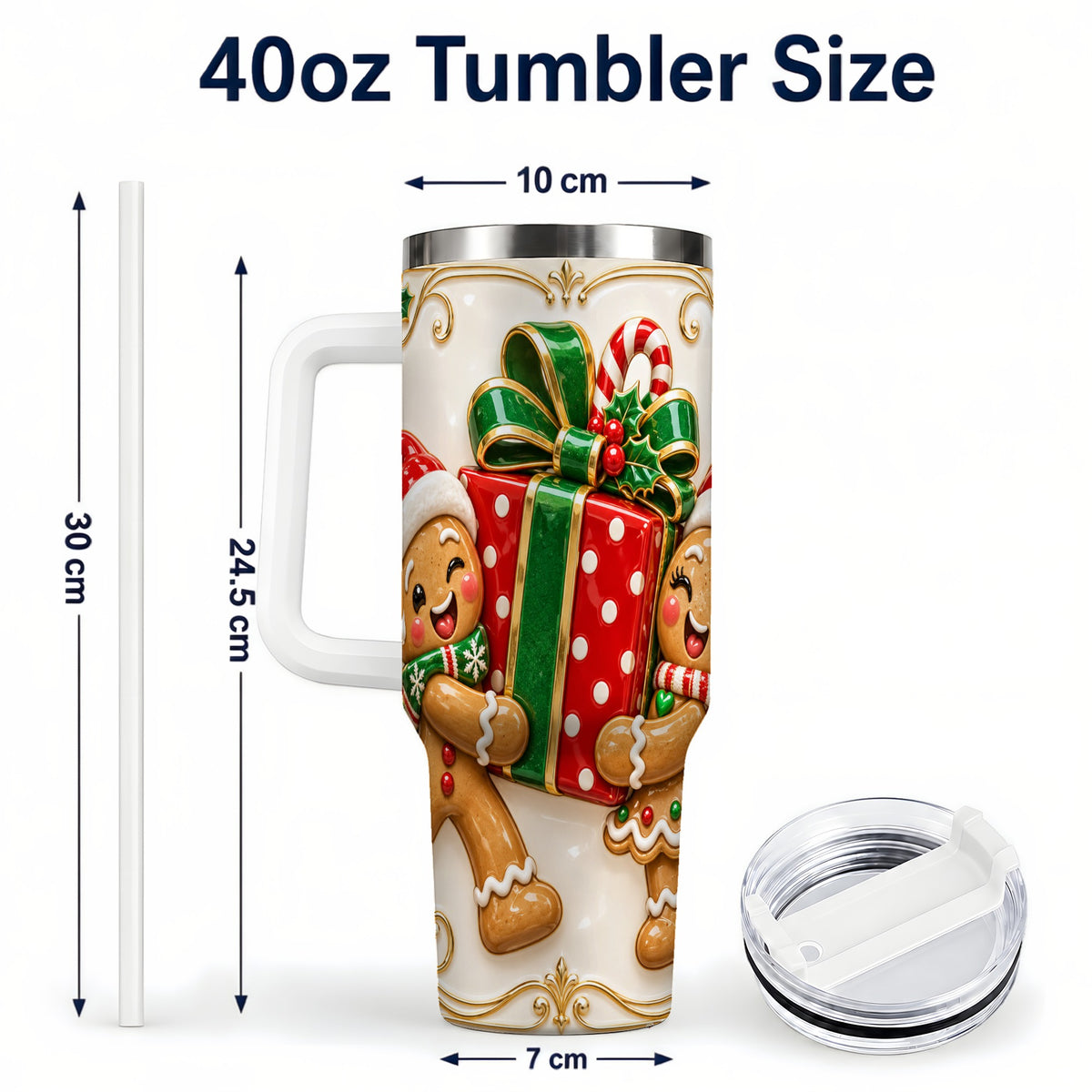 #pl[40oz|White] Gingerbread Present 40oz Tumbler with Handle, Christmas Stainless Steel Cup