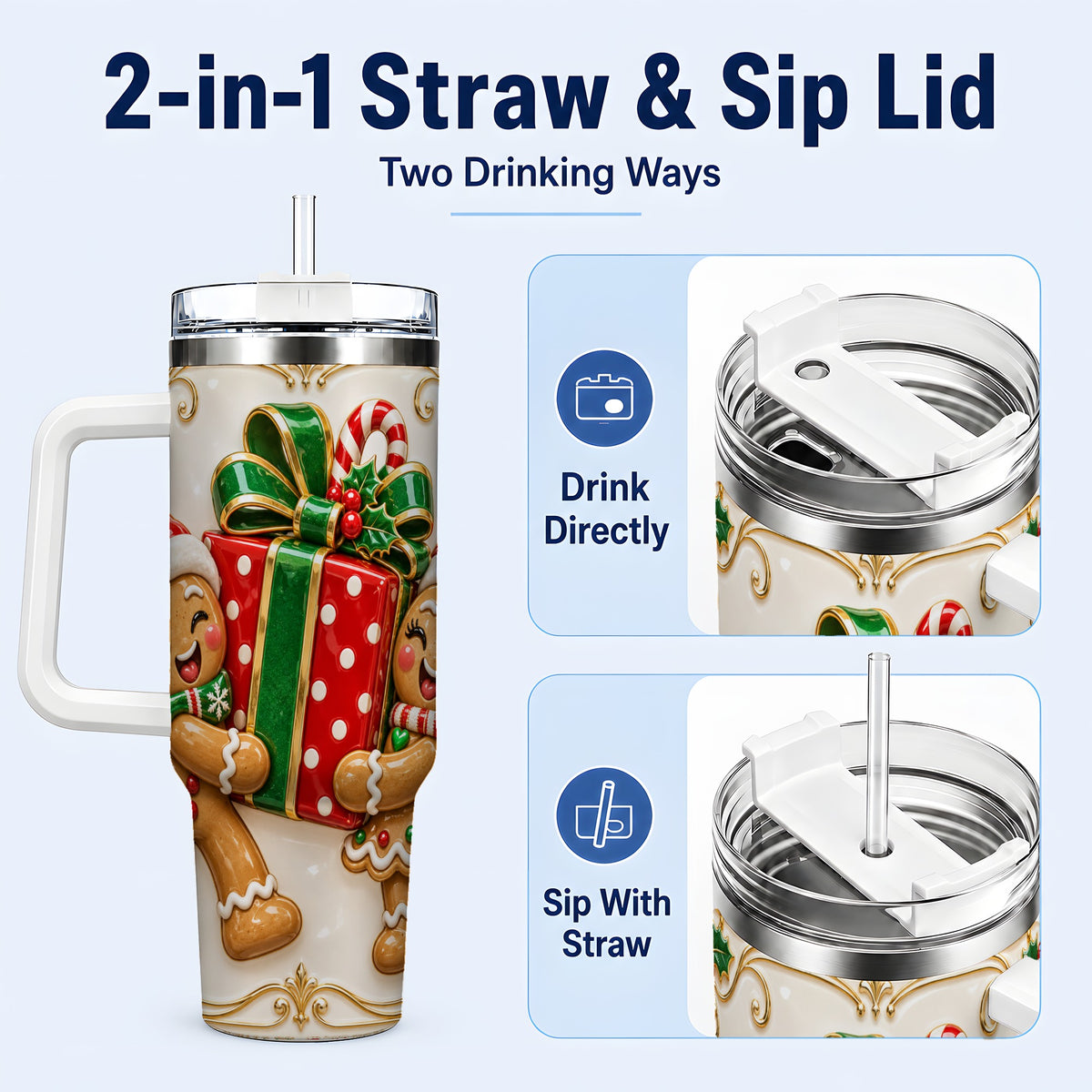 #pl[40oz|White] Gingerbread Present 40oz Tumbler with Handle, Christmas Stainless Steel Cup
