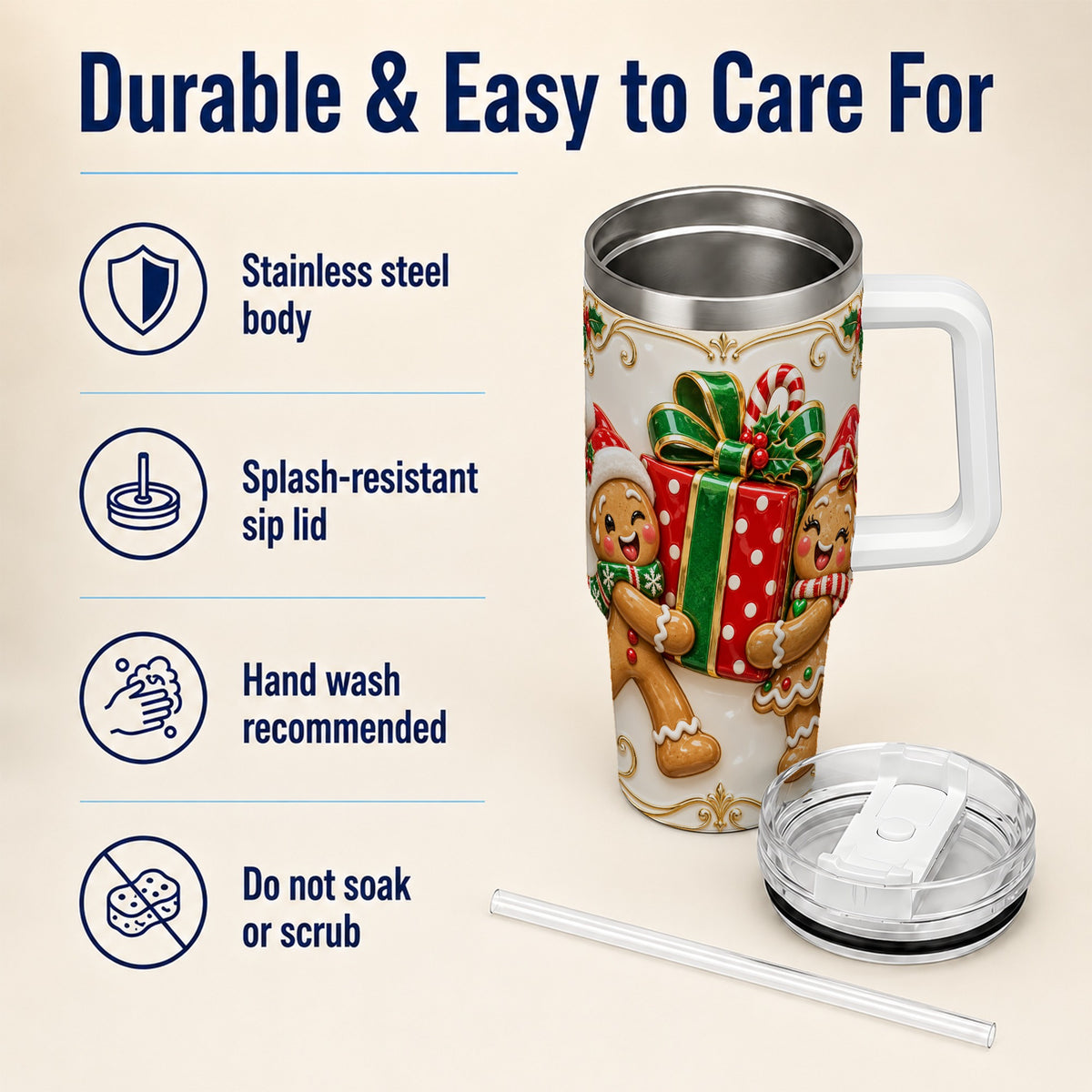Gingerbread Present 40oz Tumbler with Handle, Christmas Stainless Steel Cup