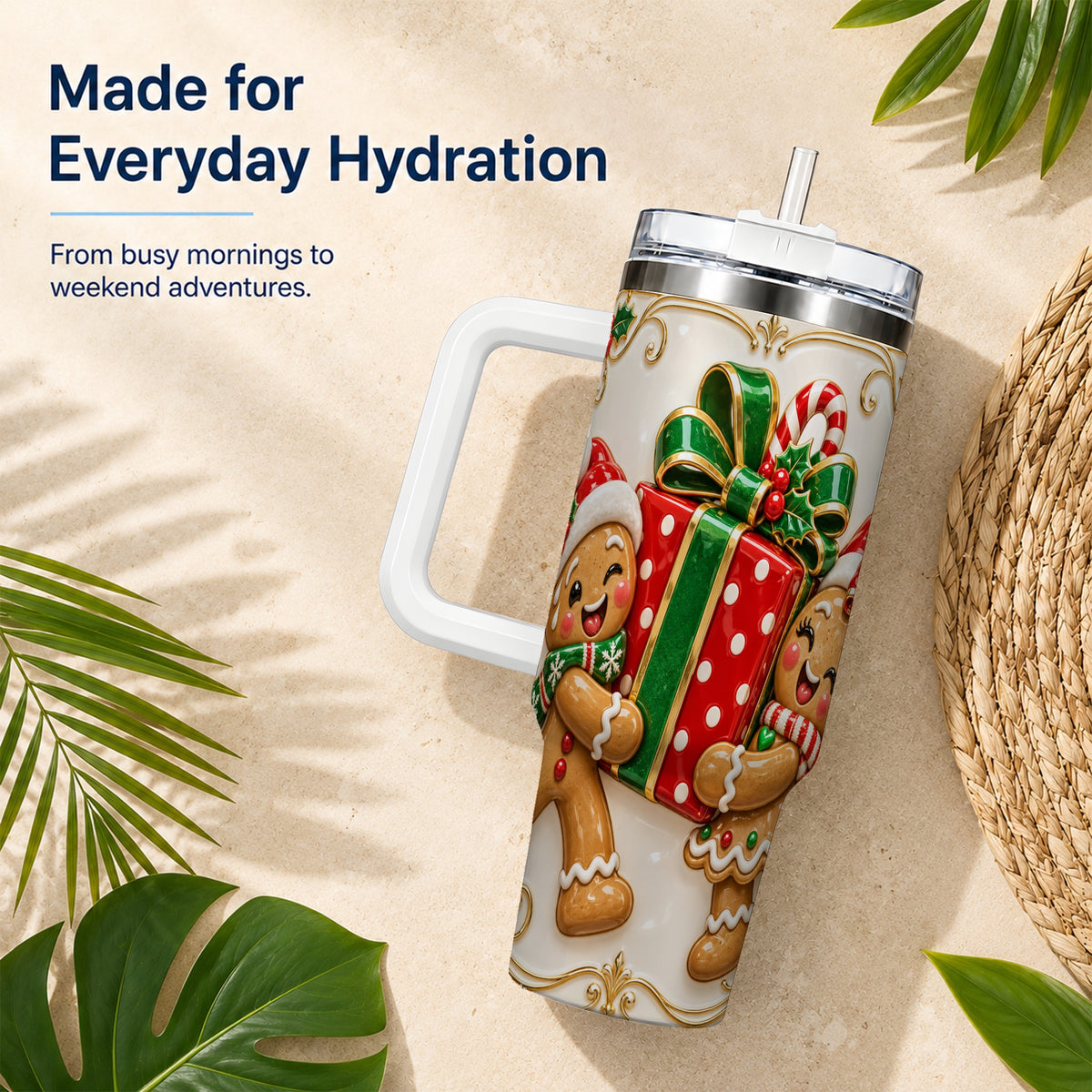 Gingerbread Present 40oz Tumbler with Handle, Christmas Stainless Steel Cup