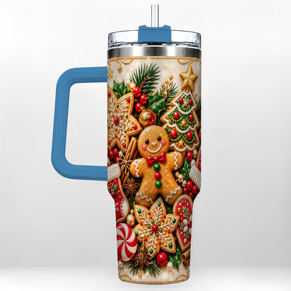 #pl[40oz|Blue] Gingerbread 40oz Tumbler, Holiday Cookie Stainless Steel Travel Cup