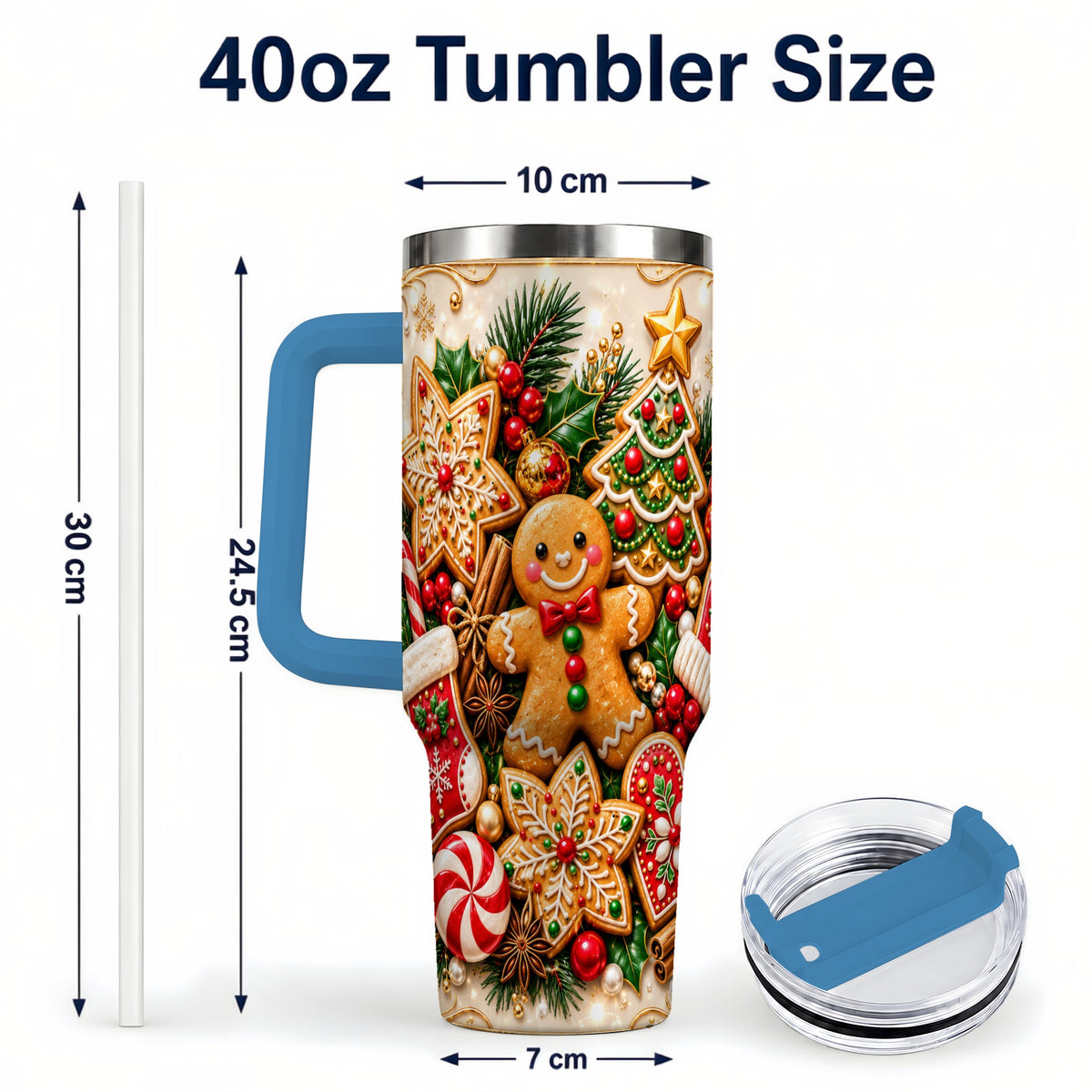 #pl[40oz|Blue] Gingerbread 40oz Tumbler, Holiday Cookie Stainless Steel Travel Cup