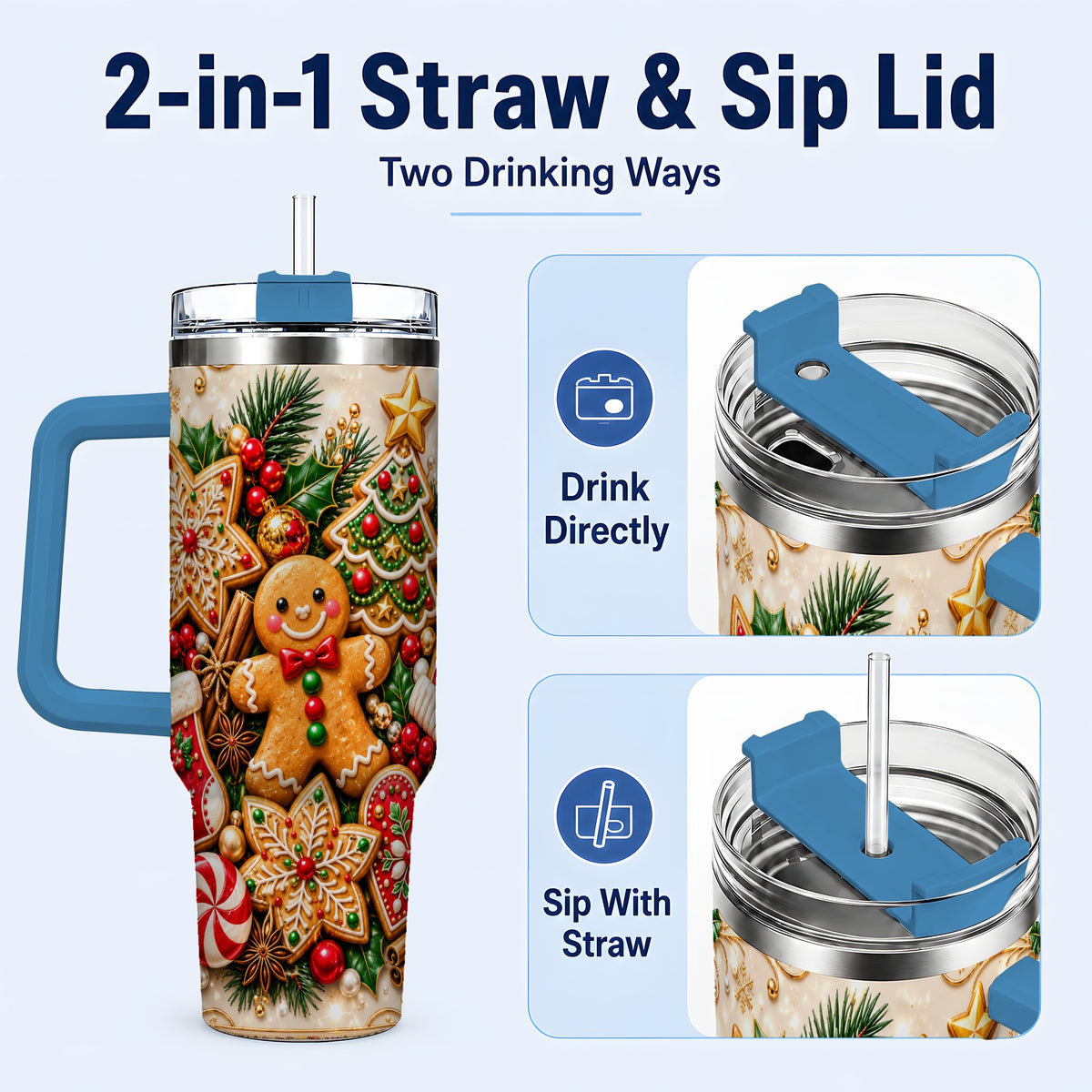#pl[40oz|Blue] Gingerbread 40oz Tumbler, Holiday Cookie Stainless Steel Travel Cup