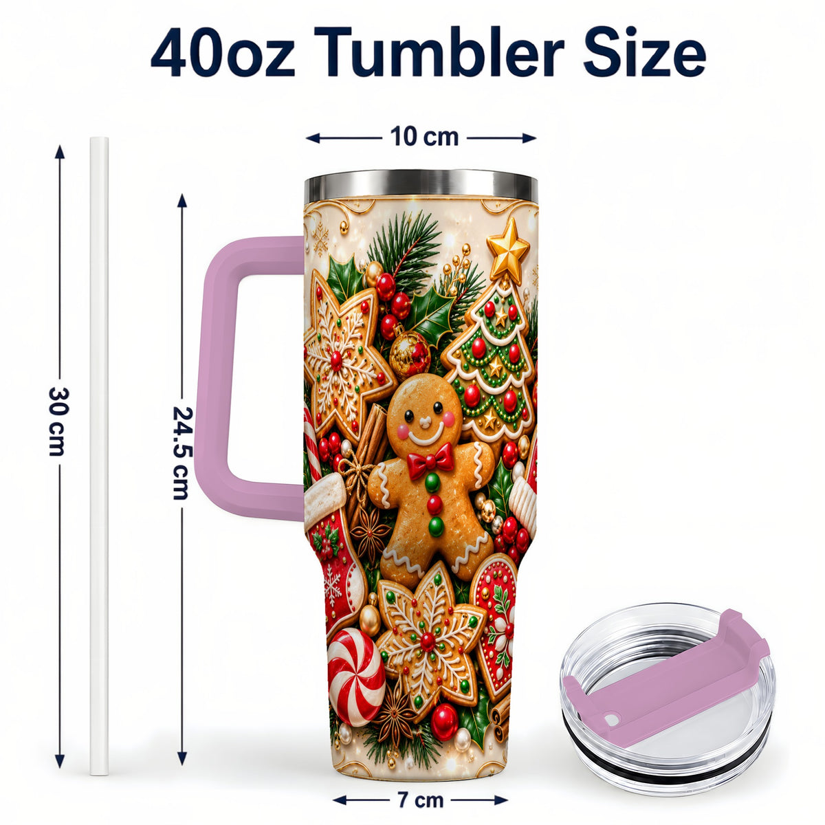 #pl[40oz|Pink] Gingerbread 40oz Tumbler, Holiday Cookie Stainless Steel Travel Cup