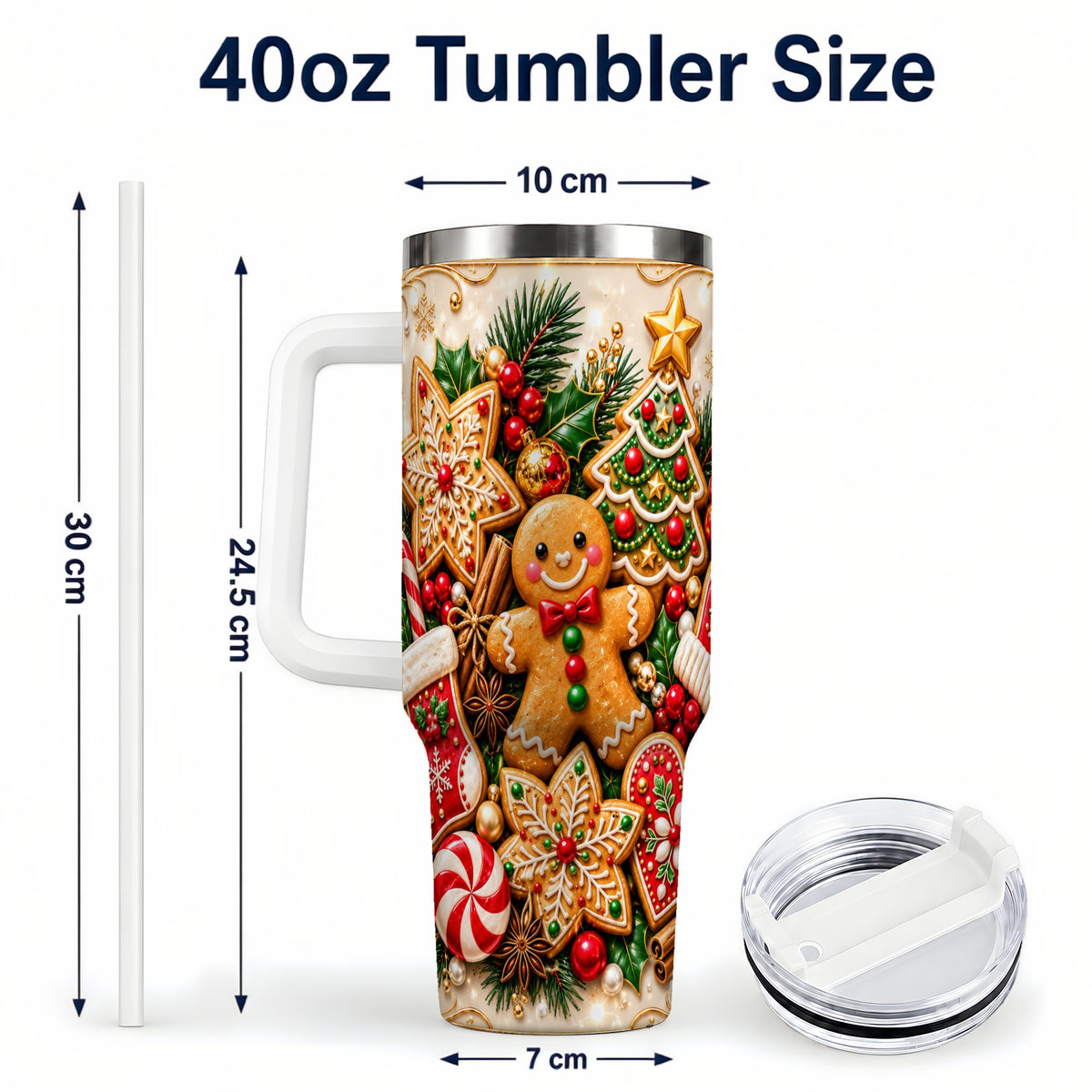 #pl[40oz|White] Gingerbread 40oz Tumbler, Holiday Cookie Stainless Steel Travel Cup