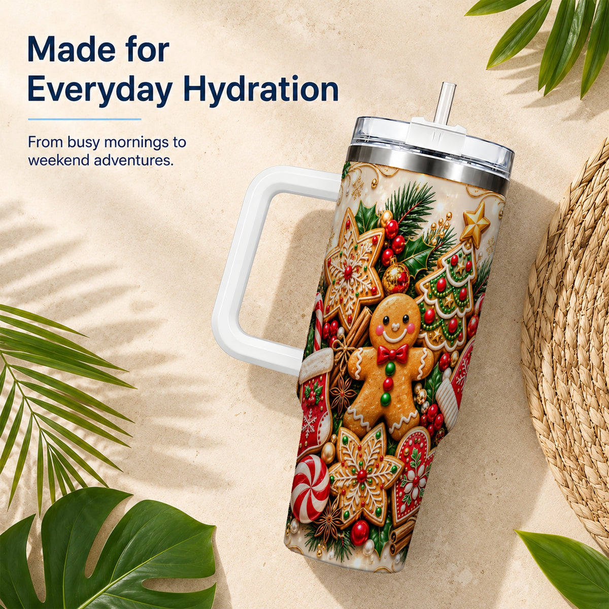 Gingerbread 40oz Tumbler, Holiday Cookie Stainless Steel Travel Cup