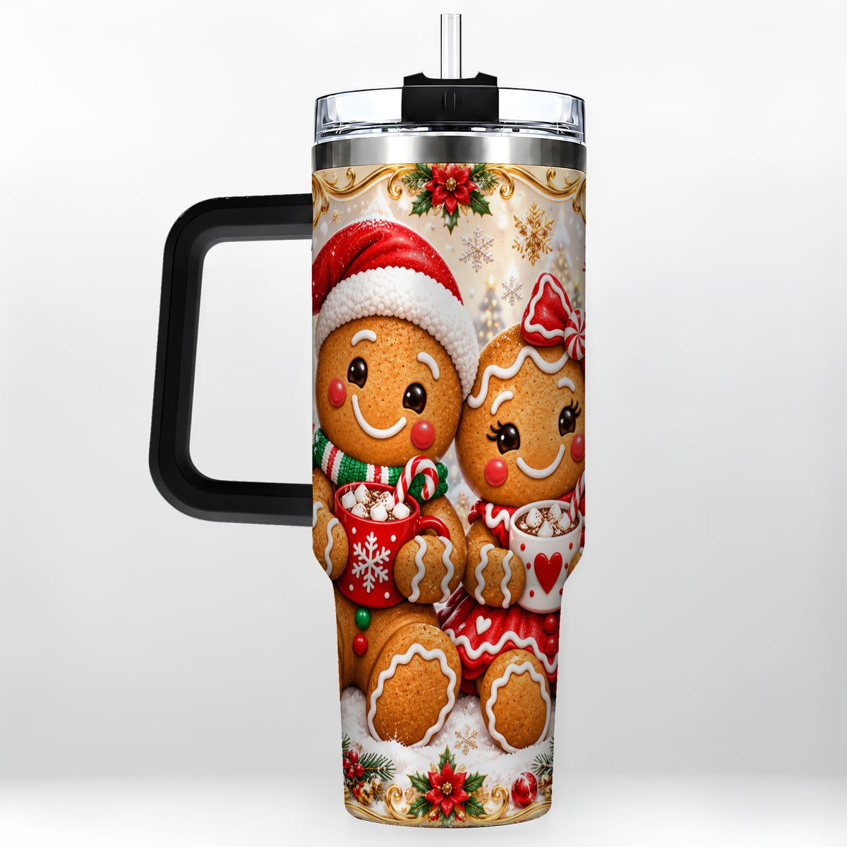 #pl[40oz|Black] Gingerbread Couple 40oz Tumbler with Handle, Holiday Cookie Travel Cup