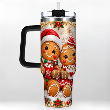 #pl[40oz|Black] Gingerbread Couple 40oz Tumbler with Handle, Holiday Cookie Travel Cup