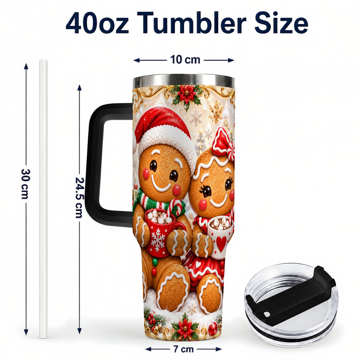#pl[40oz|Black] Gingerbread Couple 40oz Tumbler with Handle, Holiday Cookie Travel Cup
