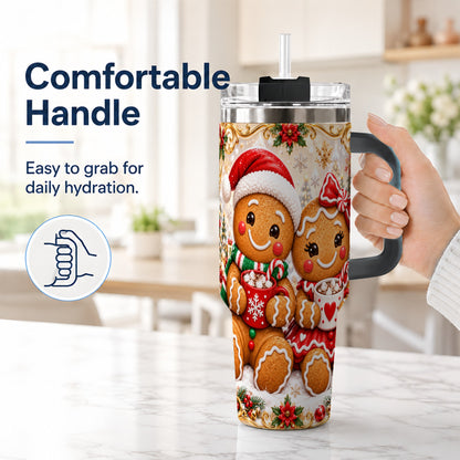 #pl[40oz|Black] Gingerbread Couple 40oz Tumbler with Handle, Holiday Cookie Travel Cup