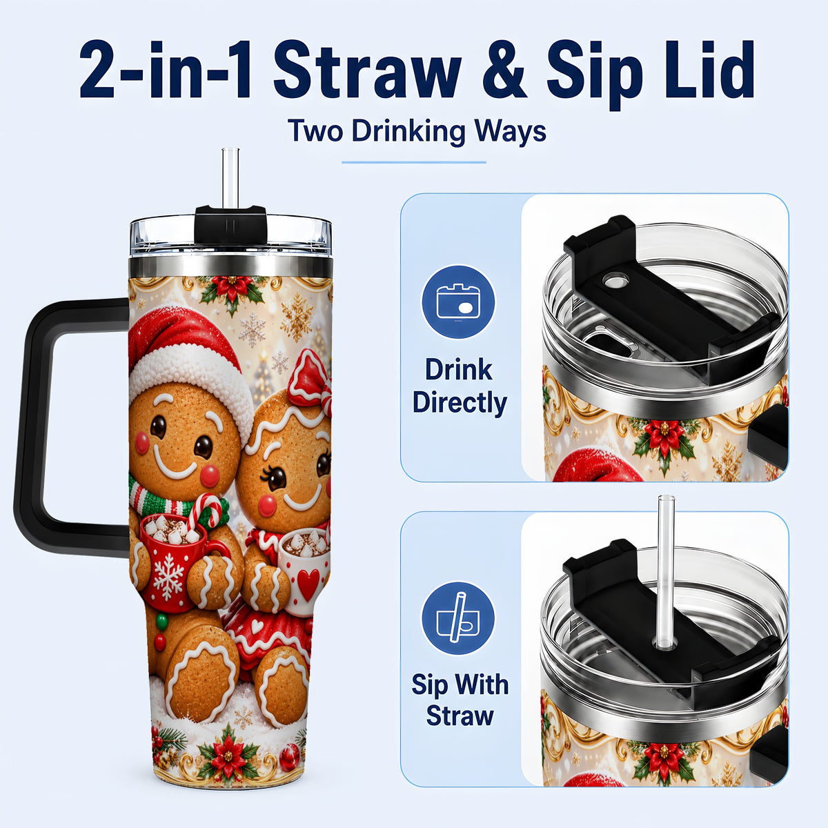 #pl[40oz|Black] Gingerbread Couple 40oz Tumbler with Handle, Holiday Cookie Travel Cup