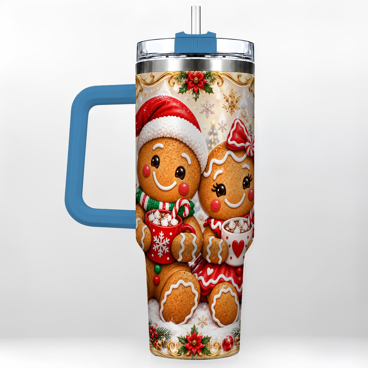 #pl[40oz|Blue] Gingerbread Couple 40oz Tumbler with Handle, Holiday Cookie Travel Cup