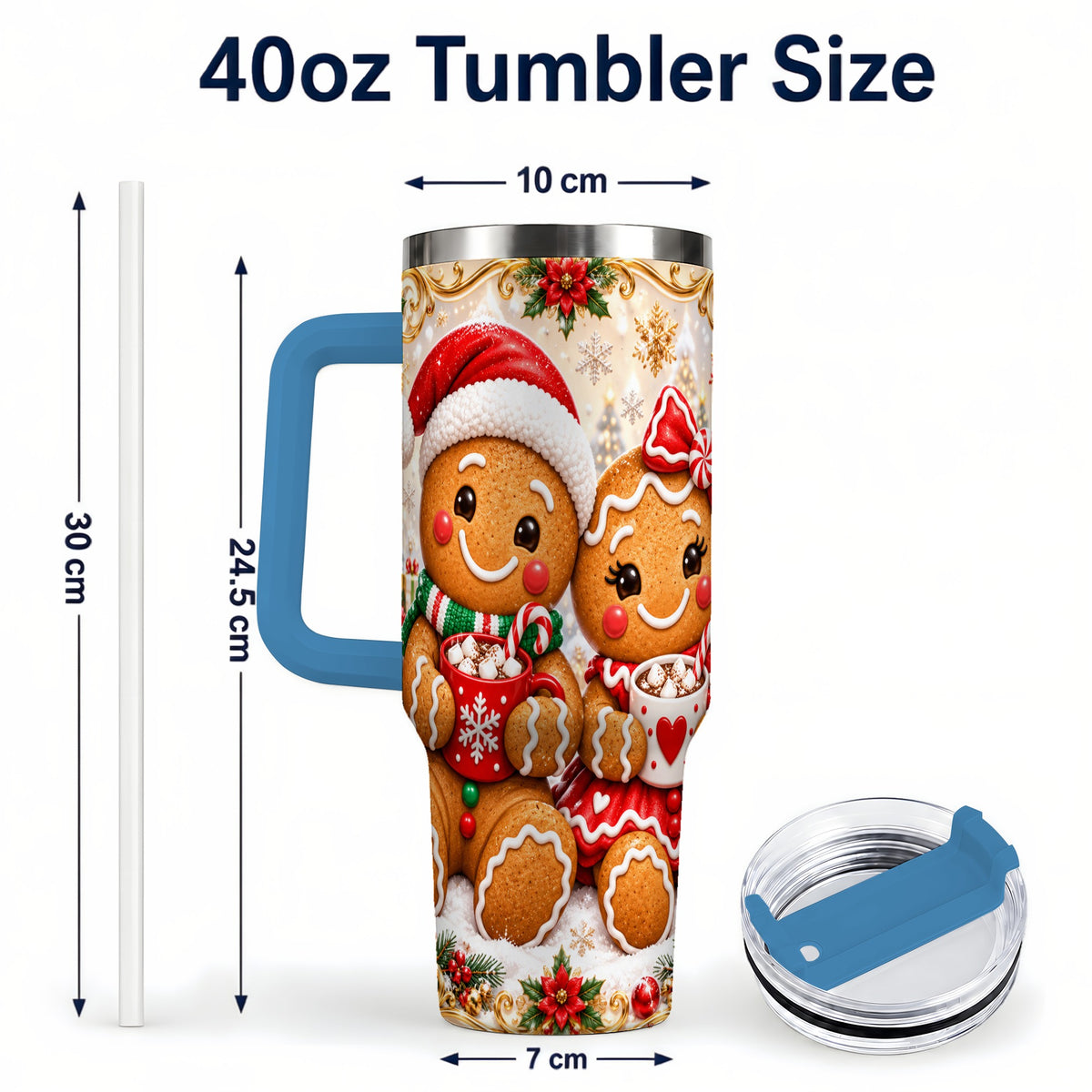 #pl[40oz|Blue] Gingerbread Couple 40oz Tumbler with Handle, Holiday Cookie Travel Cup