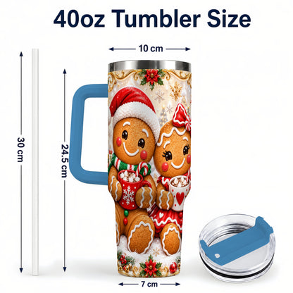 #pl[40oz|Blue] Gingerbread Couple 40oz Tumbler with Handle, Holiday Cookie Travel Cup