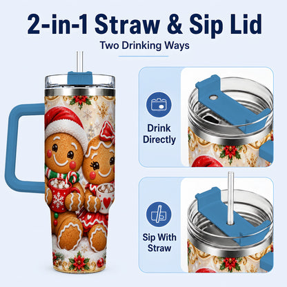 #pl[40oz|Blue] Gingerbread Couple 40oz Tumbler with Handle, Holiday Cookie Travel Cup