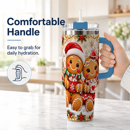 #pl[40oz|Blue] Gingerbread Couple 40oz Tumbler with Handle, Holiday Cookie Travel Cup