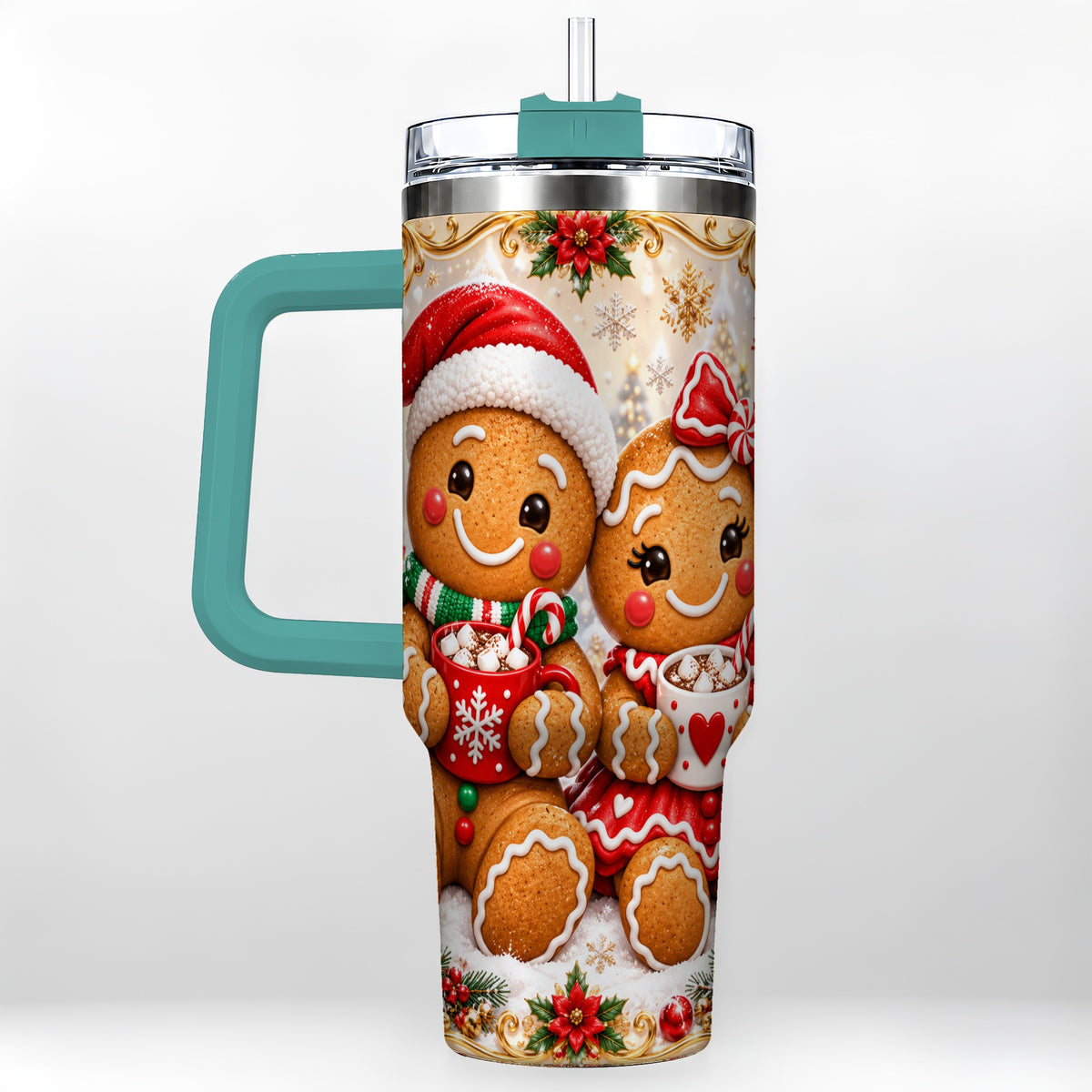 #pl[40oz|Green] Gingerbread Couple 40oz Tumbler with Handle, Holiday Cookie Travel Cup