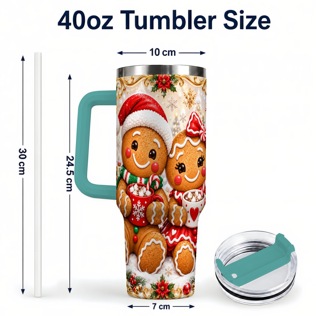 #pl[40oz|Green] Gingerbread Couple 40oz Tumbler with Handle, Holiday Cookie Travel Cup
