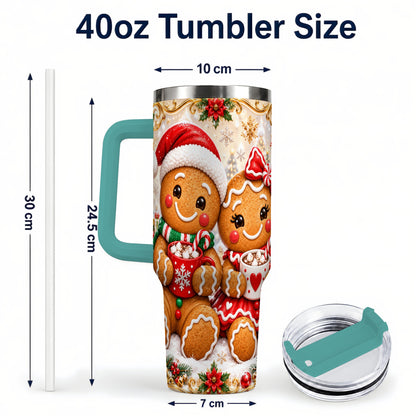 #pl[40oz|Green] Gingerbread Couple 40oz Tumbler with Handle, Holiday Cookie Travel Cup