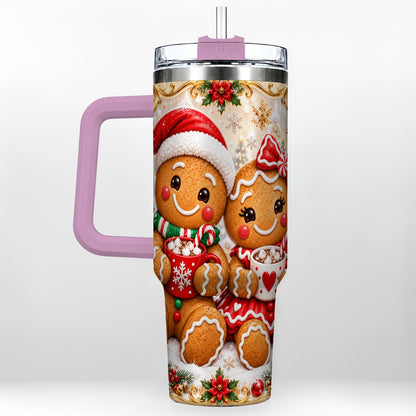 #pl[40oz|Pink] Gingerbread Couple 40oz Tumbler with Handle, Holiday Cookie Travel Cup