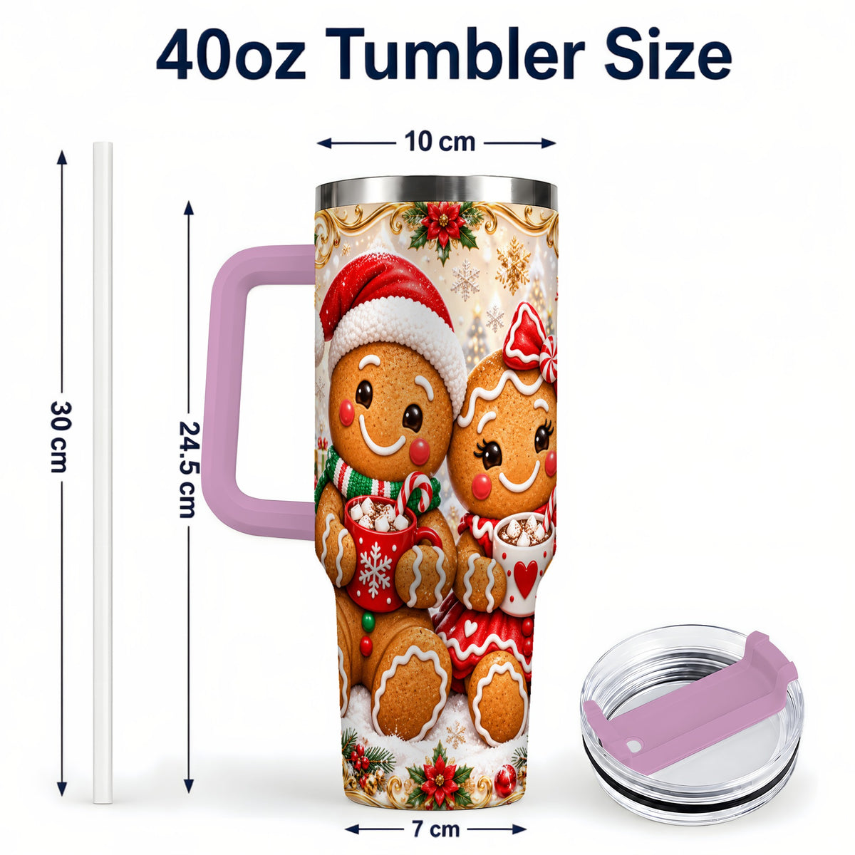 #pl[40oz|Pink] Gingerbread Couple 40oz Tumbler with Handle, Holiday Cookie Travel Cup